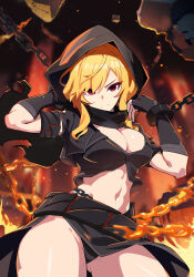 Rule 34 | 1girl, belt, black collar, black gloves, black panties, black scarf, black shirt, black skirt, blonde hair, breasts, chain, chained, cleavage, collar, cropped shirt, double-parted bangs, fingerless gloves, fire, gloves, gluteal fold, highres, hip tattoo, hololive, hololive indonesia, hood, hood up, kaela kovalskia, large breasts, looking at viewer, medium hair, midriff, navel, official alternate costume, panties, popo (popo0cat), red eyes, scarf, shirt, short sleeves, shrug (clothing), side slit, skirt, solo, stomach, swept bangs, tattoo, thick thighs, thighs, underwear, virtual youtuber