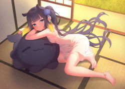 Rule 34 | 1girl, :3, absurdres, antenna hair, barefoot, breasts, closed eyes, closed mouth, day, dress, feet, flower, graynacht, hair flower, hair ornament, highres, hololive, hololive english, long hair, lying, ninomae ina&#039;nis, on side, purple hair, solo, takodachi (ninomae ina&#039;nis), tatami, thighs, virtual youtuber, white dress