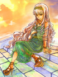 Rule 34 | 1girl, bracelet, dress, ere (elemental), hairband, high heels, highres, idolmaster, idolmaster (classic), jewelry, long hair, necklace, open shoes, shijou takane, shoes, sitting, smile, solo, traditional media, very long hair, wavy hair