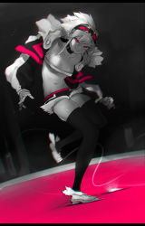 Rule 34 | 1girl, absurdres, bandages, bandaged arm, bandages, bandeau, choker, closed mouth, cropped jacket, goggles, goggles on head, highres, jacket, letterboxed, long sleeves, looking at viewer, medium hair, monochrome, navel, niwamaru (niwarhythm), niwarhythm, open clothes, open jacket, original, pink theme, shoes, short shorts, shorts, smile, smug, solo, standing, standing on one leg, stomach, thighhighs