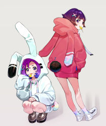 Rule 34 | 2girls, animal ears, animal hood, brown footwear, candy, commentary request, drawstring, fake animal ears, fake tail, food, food in mouth, grey background, hair ornament, highres, holding, holding candy, holding food, holding lollipop, hood, hood up, hoodie, lollipop, looking at viewer, mouth hold, multiple girls, original, purple eyes, purple hair, rabbit ears, rabbit hood, rabbit tail, red hoodie, shadow, shoes, socks, squatting, standing, tail, tongue, tongue out, white footwear, white hoodie, x hair ornament, yuu (higashi no penguin)