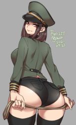 Rule 34 | 1girl, agawa ryou, artist name, ass, black shorts, black thighhighs, breasts, brown hair, closed mouth, commentary, cowboy shot, dated, english commentary, gold trim, green jacket, grey background, hat, holding, holding whip, jacket, large breasts, long hair, long sleeves, looking at viewer, looking back, military hat, military jacket, numbered, original, red eyes, short shorts, shorts, sidelocks, simple background, smile, solo, thighhighs, tsurime, whip