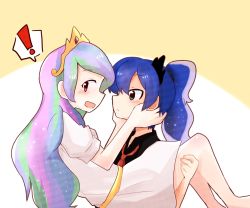 Rule 34 | !, 2girls, artist request, barefoot, blue eyes, blush, carrying, celestia (my little pony), collared shirt, crown, dress, hands on another&#039;s cheeks, hands on another&#039;s face, incest, long hair, looking at another, looking at viewer, luna (my little pony), multicolored hair, multiple girls, my little pony, my little pony: friendship is magic, necktie, personification, pink eyes, ponytail, princess carry, red necktie, shirt, siblings, sidelocks, sisters, speech bubble, spoken exclamation mark, tiara, yuri