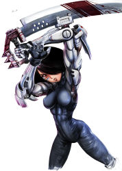 Rule 34 | 1girl, abs, artist request, black hair, bodysuit, breasts, facial mark, fingerless gloves, alita, gloves, battle angel alita, hair over one eye, lips, looking at viewer, single mechanical arm, red eyes, short hair, skin tight, solo, sword, weapon