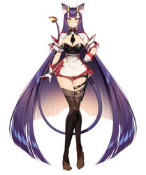 Rule 34 | 1girl, absurdly long hair, animal ears, between breasts, blunt bangs, breasts, bustier, cleavage, cluseller, demon tail, dress, full body, gloves, horns, indie virtual youtuber, large breasts, long hair, necktie, necktie between breasts, oni, oni horns, onigiri (vtuber) (1st costume), onigiri (vtuber), purple hair, shiny clothes, short dress, simple background, smile, tail, thigh gap, thighhighs, very long hair, virtual youtuber, white background, yellow eyes, zettai ryouiki