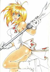 Rule 34 | 00s, 1girl, :d, ahoge, ass, boots, breasts, china dress, chinese clothes, dress, fang, floral print, foreshortening, from side, gloves, green eyes, guan dao, hair between eyes, highres, holding, holding weapon, ikkitousen, kneepits, large breasts, leg lift, looking back, narrow waist, no panties, official art, open mouth, orange hair, polearm, ribbon, scan, shiozaki yuji, short hair, side slit, sideboob, sleeveless, sleeveless dress, smile, solo, sonsaku hakufu, spear, traditional media, weapon, white dress, white gloves