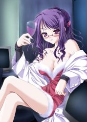 Rule 34 | alcohol, hairclip, blush, breasts, champagne, cleavage, curly hair, glasses, crossed legs, long hair, purple eyes, purple hair, sitting, thighhighs