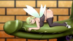 Rule 34 | 1boy, 1girl, aloe (ishuzoku reviewers), clothes, face down, fairy, fairy wings, high heels, highres, ishuzoku reviewers, nail polish, one eye closed, orc, penis, platform footwear, platform heels, platform mules, purplemoonnsfw, size difference, socks, thong, top-down bottom-up, wings, wink