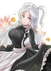 Rule 34 | 1girl, alternate costume, apron, black bow, black bowtie, black dress, blush, bow, bowtie, breasts, closed mouth, dress, enmaided, floral background, flower, frilled apron, frilled dress, frills, grey eyes, large breasts, lips, long hair, long sleeves, maid, maid headdress, one side up, shinki (touhou), side ponytail, silver hair, smile, solo, touhou, touhou (pc-98), waist apron, white apron, white background, y2
