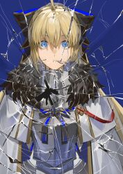 Rule 34 | 1girl, absurdres, ahoge, armor, armored dress, black bow, blonde hair, blue background, blue ribbon, bow, breastplate, broken glass, cape, commentary, crying, crying with eyes open, english commentary, fate/grand order, fate (series), fur-trimmed cape, fur trim, glass, gold trim, hair between eyes, hair bow, high ponytail, highres, long hair, looking at viewer, parted lips, ponytail, ribbon, shattered, simple background, single tear, solo, spiked armor, striped ribbon, tears, aesc (fate), aesc (savior) (fate), two-sided bow, upper body, white cape, wide-eyed, yoru yoru13