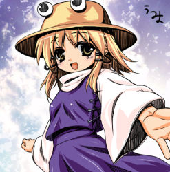 Rule 34 | 1girl, beckoning, blonde hair, female focus, hair ornament, hat, lowres, moriya suwako, open mouth, outstretched arm, outstretched hand, smile, solo, touhou, umyonge (lkakeu), yellow eyes
