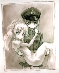 Rule 34 | 00s, 2girls, bad id, bad pixiv id, bride, carrying, couple, dress, eila ilmatar juutilainen, formal, kisetsu, military, military uniform, monochrome, multiple girls, pant suit, pants, pantyhose, princess carry, same sex marriage, sanya v. litvyak, sketch, strike witches, suit, traditional media, uniform, wedding dress, wife and wife, world witches series, yuri