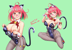 Rule 34 | 1girl, ahoge, alternate costume, animal ears, bell, bob cut, bow, bowtie, breasts, brown eyes, cat ears, cat tail, detached collar, fake animal ears, fake tail, fishnet pantyhose, fishnets, green hair, grey pantyhose, highleg, highleg leotard, highres, kantai collection, large breasts, leotard, moke ro, multicolored hair, neck bell, nipples, nontraditional playboy bunny, pantyhose, pink hair, ponytail, red bow, red bowtie, short hair, side-tie leotard, strapless, strapless leotard, streaked hair, tail, thighband pantyhose, ume (kancolle), wrist cuffs