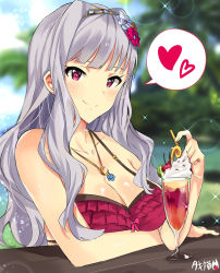 Rule 34 | 1girl, absurdres, blush, breasts, cleavage, drink, flower, hair flower, hair ornament, highres, idolmaster, idolmaster (classic), jewelry, long hair, looking at viewer, necklace, purple eyes, shijou takane, silver hair, smile, solo, tuxedo de cat