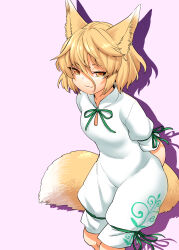 Rule 34 | 1girl, animal ears, blonde hair, closed mouth, feet out of frame, fox ears, fox tail, fuuzasa, green ribbon, hair between eyes, highres, kudamaki tsukasa, pink background, ribbon, romper, short hair, simple background, solo, tail, touhou, white romper, yellow eyes