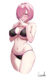 Rule 34 | 1girl, absurdres, alternate costume, bare shoulders, bikini, black bikini, blush, breasts, cleavage, collarbone, fate/grand order, fate (series), hair over one eye, highres, large breasts, light purple hair, looking at viewer, mash kyrielight, navel, purple eyes, revision, short hair, simple background, solo, spider apple, swimsuit, thighs, white background