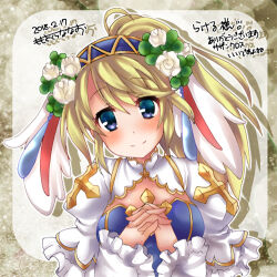 Rule 34 | 1girl, arch bishop (ragnarok online), blonde hair, blue dress, blue eyes, blue hairband, blush, breasts, cleavage cutout, closed mouth, clothing cutout, commentary request, cross, dated, dress, flower, frilled dress, frilled sleeves, frills, hair between eyes, hair flower, hair ornament, hairband, interlocked fingers, long hair, looking at viewer, medium breasts, momozakura nanao, official alternate costume, own hands together, ragnarok online, smile, solo, translation request, two-tone dress, upper body, white dress, white flower
