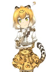 Rule 34 | 10s, 1girl, :/, ?, animal ears, blonde hair, bow, bowtie, closed mouth, commentary request, cowboy shot, elbow gloves, fur collar, gloves, gradient hair, hand on own chin, hand up, head tilt, high-waist skirt, highres, jaguar (kemono friends), jaguar ears, jaguar print, jaguar tail, kemono friends, looking to the side, multicolored hair, shirt, short hair, short sleeves, simple background, skirt, solo, standing, tail, thighhighs, thin (suzuneya), tsurime, white background, white shirt, yellow eyes, zettai ryouiki