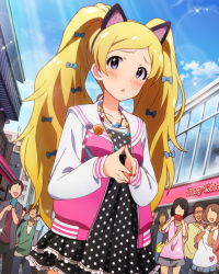 Rule 34 | 10s, 1girl, animal ears, artist request, badge, blonde hair, blush, bow, button badge, cat ears, d:, dress, emily stewart, emily stuart, fake animal ears, hair bow, idolmaster, idolmaster million live!, jewelry, long hair, nail polish, necklace, official art, open mouth, polka dot, polka dot dress, purple eyes, red nails, sky, solo, twintails