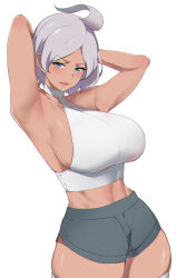 Rule 34 | 1girl, absurdres, armpits, arms behind head, arms up, blue eyes, blue shorts, breasts, commentary, cowboy shot, dark skin, grey hair, gundam, gundam suisei no majo, highres, huge breasts, looking at viewer, midriff, navel, open mouth, secelia dote, shirt, short hair, short shorts, shorts, sideboob, simple background, sleeveless, sleeveless shirt, smile, solo, symbol-only commentary, thighhighs, thighs, toned, white background, white shirt, white thighhighs, xllam