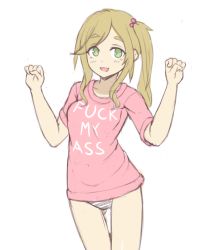 Rule 34 | 1girl, :d, clothes writing, drawfag, english text, fang, fuck-me shirt, gluteal fold, green eyes, hands up, inuyama aoi, light brown hair, long hair, looking at viewer, meme attire, no pants, open mouth, panties, pink shirt, profanity, shirt, side ponytail, sketch, skin fang, smile, solo, standing, striped clothes, striped panties, t-shirt, thick eyebrows, underwear, yurucamp