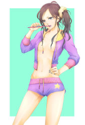 Rule 34 | 1girl, ai (ai1470), beads, blue nails, breasts, brown eyes, brown hair, curly hair, dolphin shorts, covered erect nipples, hood, hoodie, micro shorts, nail polish, navel, no bra, open clothes, open shirt, original, scrunchie, shirt, short shorts, shorts, side ponytail, small breasts, solo, star (symbol), thighs, toothbrush