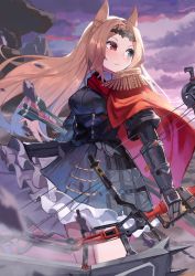 Rule 34 | 1girl, animal ears, archetto (arknights), arknights, arrow (projectile), black dress, black gloves, black hairband, blonde hair, blue eyes, blush, bow (weapon), breasts, cape, closed mouth, cloud, cloudy sky, corset, cowboy shot, day, dress, epaulettes, frilled dress, frills, gloves, gomashiwo o, hairband, heterochromia, highres, holding, holding bow (weapon), holding weapon, long hair, looking away, looking back, medium breasts, outdoors, red cape, red eyes, sky, solo, underbust, very long hair, weapon