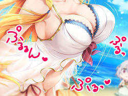 Rule 34 | 2girls, :x, beach, blurry, blurry background, braid, breast envy, breasts, cleavage, commentary request, grey hair, kokkoro (princess connect!), kokkoro (summer) (princess connect!), large breasts, long hair, looking at another, multiple girls, navel, ocean, one-piece swimsuit, orange hair, pecorine (princess connect!), pecorine (summer) (princess connect!), pink eyes, pointy ears, princess connect!, short hair, single braid, sweat, swimsuit, tyou m neko, white one-piece swimsuit