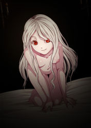 Rule 34 | 1girl, all fours, bed sheet, black background, breasts, cecil (wing r), commentary, english commentary, fang, highres, long hair, looking at viewer, navel, nipples, nude, overlord (maruyama), shalltear bloodfallen, silver hair, slit pupils, small breasts, solo, thigh gap, vampire