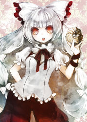 Rule 34 | 1girl, adapted costume, bow, doughnut, duca, female focus, food, fujiwara no mokou, hair bow, long hair, mister donut, open mouth, pants, red eyes, solo, touhou, white hair