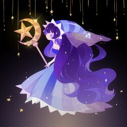 Rule 34 | 1girl, bare shoulders, black background, blue dress, blue hat, colored eyelashes, cookie run, crescent, double-parted bangs, dress, from side, full body, gloves, gown, gradient background, hat, holding, holding staff, humanization, long hair, moonlight cookie, nightcap, pointy hat, purple hair, reloon, smile, solo, staff, standing, star (symbol), starry hair, strapless, strapless dress, striped clothes, striped dress, striped headwear, veil, very long hair, white gloves