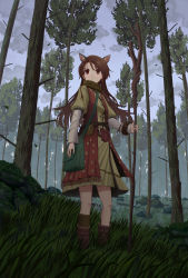 Rule 34 | 1girl, animal ears, bag, boots, brown eyes, brown hair, cloud, cloudy sky, dress, forest, fringe trim, from below, frown, fur cuffs, grass, highres, holding, holding staff, juliet sleeves, layered sleeves, long hair, long sleeves, nature, original, outdoors, puffy sleeves, rock, satchel, scarf, scenery, single sock, single wrist cuff, sky, socks, solo, soumura, staff, tree, very long hair, vest, wrist cuffs