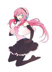 Rule 34 | 1girl, aqua eyes, earmuffs, elbow gloves, gloves, hand on own hip, hand on own face, happy synthesizer (vocaloid), highres, kintaro, kneeling, long hair, megurine luka, no shoes, open mouth, pink hair, sidelocks, skirt, smile, solo, thighhighs, vocaloid