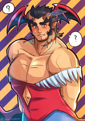 Rule 34 | 1boy, ?, absurdres, bara, black hair, capcom, cosplay, crossover, facial hair, fang, fiery horns, head wings, highres, horns, kageru (mofnyan), large pectorals, leotard, lilith aensland, lilith aensland (cosplay), male focus, muscular, muscular male, pantyhose, pectorals, sideburns, smoke, solo, spiked hair, standing, striped, striped background, stubble, sweatdrop, takemaru (housamo), tokyo houkago summoners, vampire (game), wings
