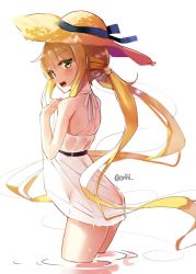 Rule 34 | 10s, 1girl, :d, blonde hair, dress, hat, highres, in water, kantai collection, looking at viewer, open mouth, orihi chihiro, satsuki (kancolle), smile, solo, straw hat, twitter username, wading, wet, wet clothes, yellow eyes