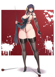 Rule 34 | 1girl, absurdres, bare shoulders, belt, black hair, black thighhighs, breasts, clothes lift, crotch strap, dark night (darkotl), elbow gloves, eyebrows hidden by hair, feet, fishnet gloves, fishnets, gloves, hair ornament, highres, holding, holding weapon, large breasts, legs, long hair, looking at viewer, nipples, red eyes, smile, solo, spy x family, standing, thighhighs, twintails, weapon, yor briar
