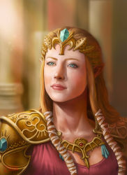Rule 34 | 1girl, blonde hair, blue eyes, blurry, copyright name, depth of field, expressionless, freckles, jewelry, light rays, long hair, nintendo, pointy ears, princess zelda, realistic, signature, solo, sunbeam, sunlight, the legend of zelda, tiara, toguza, upper body