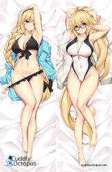 Rule 34 | 1girl, armpits, bed sheet, bikini, bikini pull, black bikini, blonde hair, blue eyes, blue jacket, blush, braid, breasts, clothes pull, competition swimsuit, dakimakura (medium), fate/grand order, fate (series), front-tie bikini top, front-tie top, full body, glasses, highres, hood, hooded jacket, jacket, jeanne d&#039;arc (fate), jeanne d&#039;arc (ruler) (fate), jeanne d&#039;arc (swimsuit archer) (fate), jeanne d&#039;arc (swimsuit archer) (first ascension) (fate), jeanne d&#039;arc (swimsuit archer) (second ascension) (fate), large breasts, long hair, looking at viewer, multiple views, one-piece swimsuit, open mouth, ponytail, single braid, swimsuit, tony guisado, watermark, web address, white one-piece swimsuit