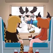 Rule 34 | 3girls, :d, ^ ^, animal ears, animated, basket, black gloves, black hair, blonde hair, boots, carrying, cheetah (kemono friends), cheetah ears, cheetah print, cheetah tail, closed eyes, commentary, elbow gloves, extra ears, flapping, flying, gloves, greater roadrunner (kemono friends), grey hair, head wings, horns, jacket, kemono friends, kemono friends 2, kneehighs, long hair, long sleeves, looping animation, motion lines, multicolored hair, multiple girls, open mouth, orange hair, print footwear, print gloves, print legwear, print skirt, print socks, pronghorn (kemono friends), short hair, short sleeves, sitting, skirt, smile, socks, tail, taro (tontaro), track jacket, train interior, video, white hair, wings