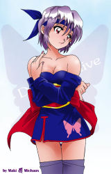 Rule 34 | 1girl, ayane (doa), breasts, bug, butterfly, cleavage, dead or alive, detached sleeves, headband, insect, japanese clothes, kimono, maki michaux, obi, panties, purple hair, purple thighhighs, red eyes, sash, short hair, short kimono, silhouette, solo, tecmo, thighhighs, underwear, white panties