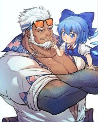 Rule 34 | 1boy, 1girl, abs, aegir (housamo), anchor earrings, aqua eyes, aqua hair, bad id, bad pixiv id, bare pectorals, beard, blue eyes, bow, character request, check character, cirno, crossed arms, crossover, dark-skinned male, dark skin, earrings, eyewear on head, facial hair, fins, hair bow, highres, jewelry, large pectorals, looking at another, male focus, multicolored hair, muscular, mustache, on person, open clothes, open shirt, pectoral cleavage, pectorals, sdz (inazuma), short hair, single earring, size difference, sleeves rolled up, smile, streaked hair, tokyo houkago summoners, touhou, upper body, white hair