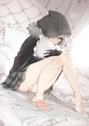 Rule 34 | 1girl, barefoot, black gloves, blush, cape, fate (series), feet, gloves, gray (fate), grey cape, grey eyes, grey skirt, hair between eyes, hood, hood up, hooded cape, kinhasu, knees up, legs, looking at viewer, lord el-melloi ii case files, hugging object, open mouth, panties, pillow, pillow hug, plaid, plaid skirt, pleated skirt, sitting, skirt, solo, toes, underwear, white panties