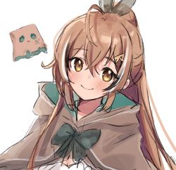 Rule 34 | 1girl, black bow, blush, bow, breasts, brown cloak, brown eyes, brown hair, cleavage, cloak, feather hair ornament, feathers, hair behind ear, hair ornament, head tilt, hololive, hololive english, maru ccy, nanashi mumei, portrait, sketch, smile, solo, virtual youtuber, white background