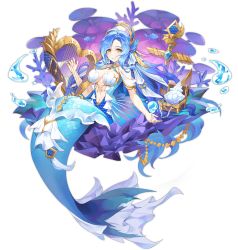 Rule 34 | 1girl, anchor, ark order, bikini, blue hair, breasts, bubble, ce-leste, coral, earrings, fins, fish, harp, head fins, instrument, jewelry, large breasts, long hair, looking at viewer, mermaid, monster girl, music, navel, necklace, official art, pearl necklace, playing instrument, shark siren (ark order), shell, shell bikini, smile, solo, swimsuit, tachi-e, transparent background, treasure chest, very long hair, water, white bikini, yellow eyes