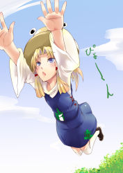 Rule 34 | &gt;:o, 1girl, :&lt;, :o, bad id, bad pixiv id, blonde hair, blue eyes, day, female focus, foreshortening, hat, highres, jumping, moriya suwako, outstretched arms, outstretched hand, over-kneehighs, scottie (phantom2), short hair, sky, solo, thighhighs, touhou, v-shaped eyebrows, zettai ryouiki