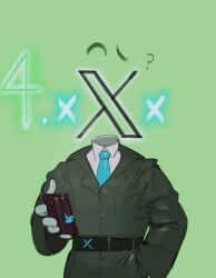 Rule 34 | 1boy, 1kogito1, ?, absurdres, belt, coat, cowboy shot, highres, holding, holding phone, male focus, necktie, object head, personification, phone, raised eyebrow, solo, twitter, twitter logo, twitter x logo, upper body, x, x (1kogito1), x x