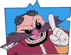 Rule 34 | 1boy, bald, border, digimin, dr. eggman, eyewear on head, facial hair, glasses, gloves, goggles, grey-framed eyewear, hand up, happy, index finger raised, jacket, long sleeves, looking at viewer, male focus, mustache, official art, open mouth, pince-nez, red jacket, round eyewear, simple background, smile, solo, sonic (series), sunglasses, teeth, the murder of sonic the hedgehog, tongue, transparent border, upper body, v-shaped eyebrows, white gloves
