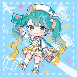 1girl 39 absurdres aqua_eyes arm_up bag belt beret blue_background chibi closed_mouth diamond_hair_ornament earrings flag full_body gradient_hair hair_ornament hat hatsune_miku highres holding holding_flag jacket jewelry kneehighs layered_skirt long_hair looking_at_viewer magical_mirai_(vocaloid) magical_mirai_miku magical_mirai_miku_(2024) mofmama multicolored_hair multicolored_nails official_alternate_costume plaid_clothes plaid_skirt shorts shorts_under_skirt shoulder_bag skirt smile socks solo standing standing_on_one_leg twintails very_long_hair vocaloid white_jacket white_sneakers white_socks