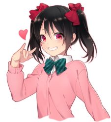 Rule 34 | 10s, 1girl, \m/, black hair, blush, bow, cardigan, grin, hair bow, heart, katase waka, long hair, long sleeves, looking at viewer, love live!, love live! school idol project, red eyes, school uniform, smile, solo, twintails, yazawa nico