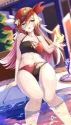 Rule 34 | 1girl, absurdres, aqua eyes, bare arms, bare shoulders, bikini, black bikini, commentary request, cup, drinking glass, excella (delltothu), genshin impact, highres, long hair, looking at viewer, open mouth, outdoors, pink hair, red bikini, red headwear, sitting, soaking feet, solo, swimsuit, thighs, two-tone bikini, very long hair, water, yanfei (genshin impact)